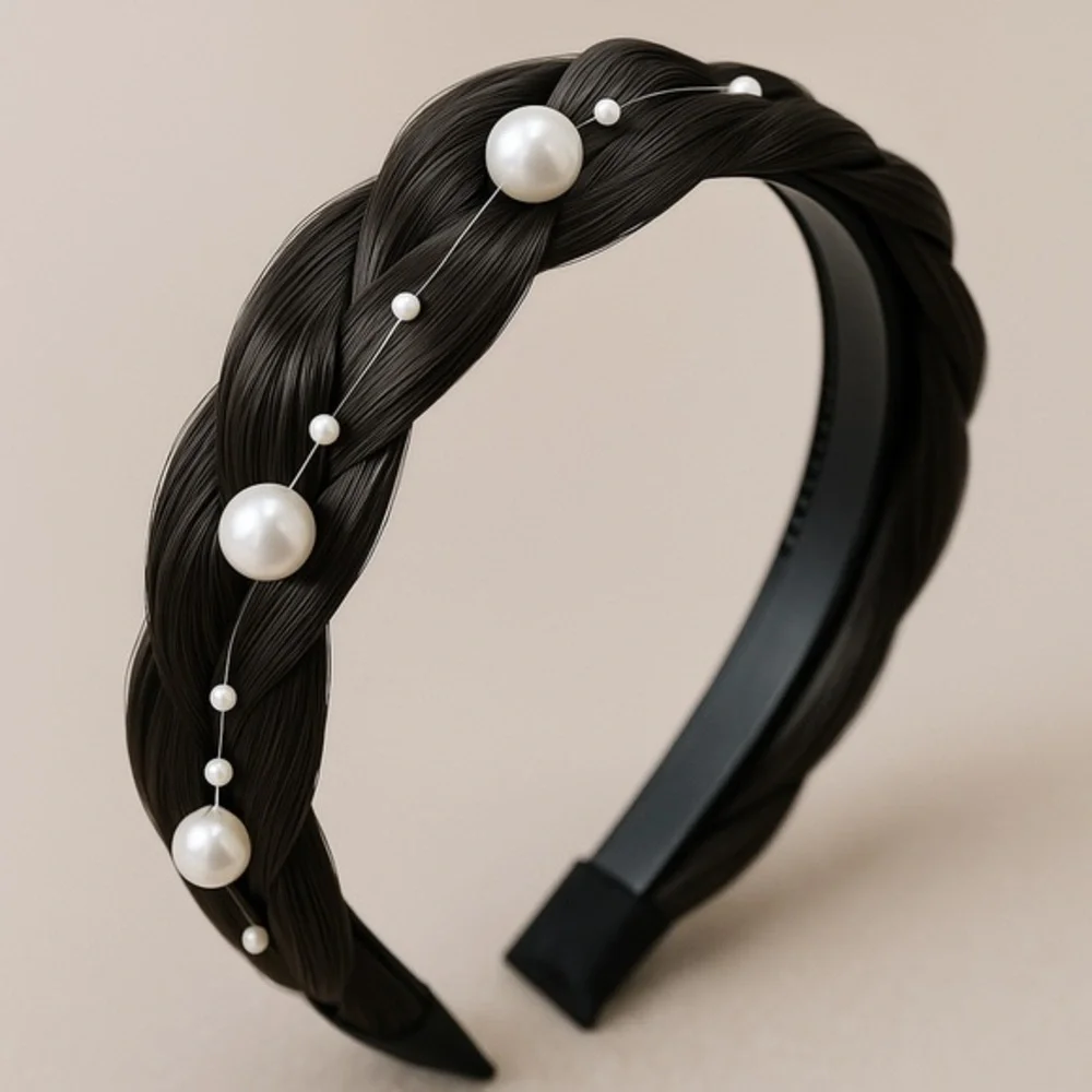 Braided Hair Headband with Pearls – Black Natural Look Costume Cosplay Accessory